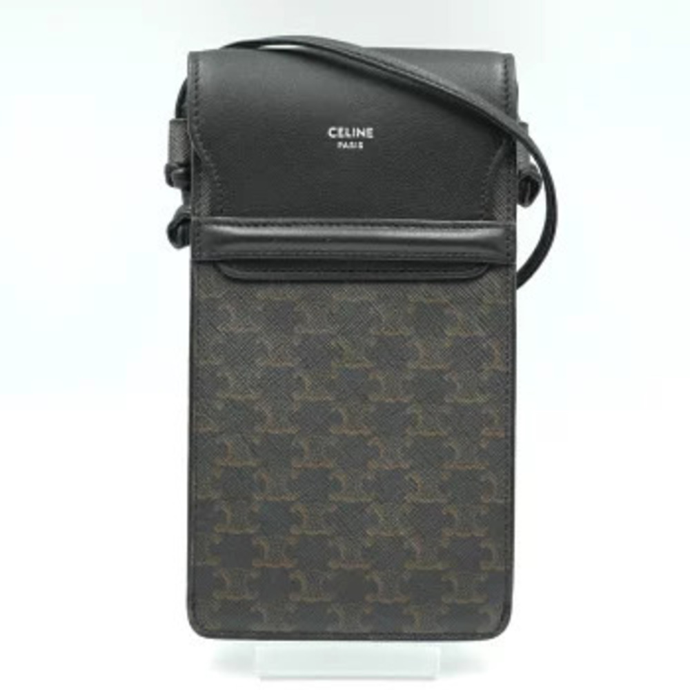Celine Triomphe Phone Pouch Shoulder Bag Smartphone Leather Black Brown
